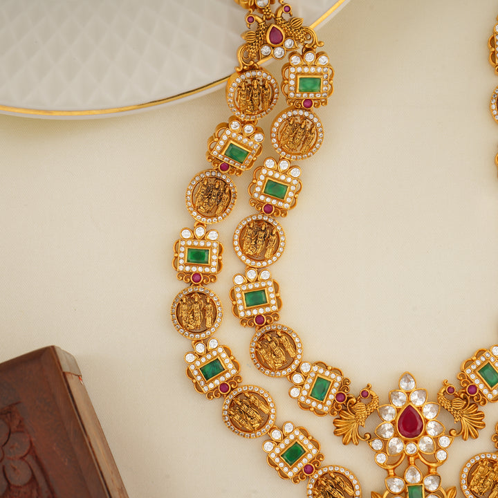 Traditional South Indian haram with pearls, rubies and emerald accents