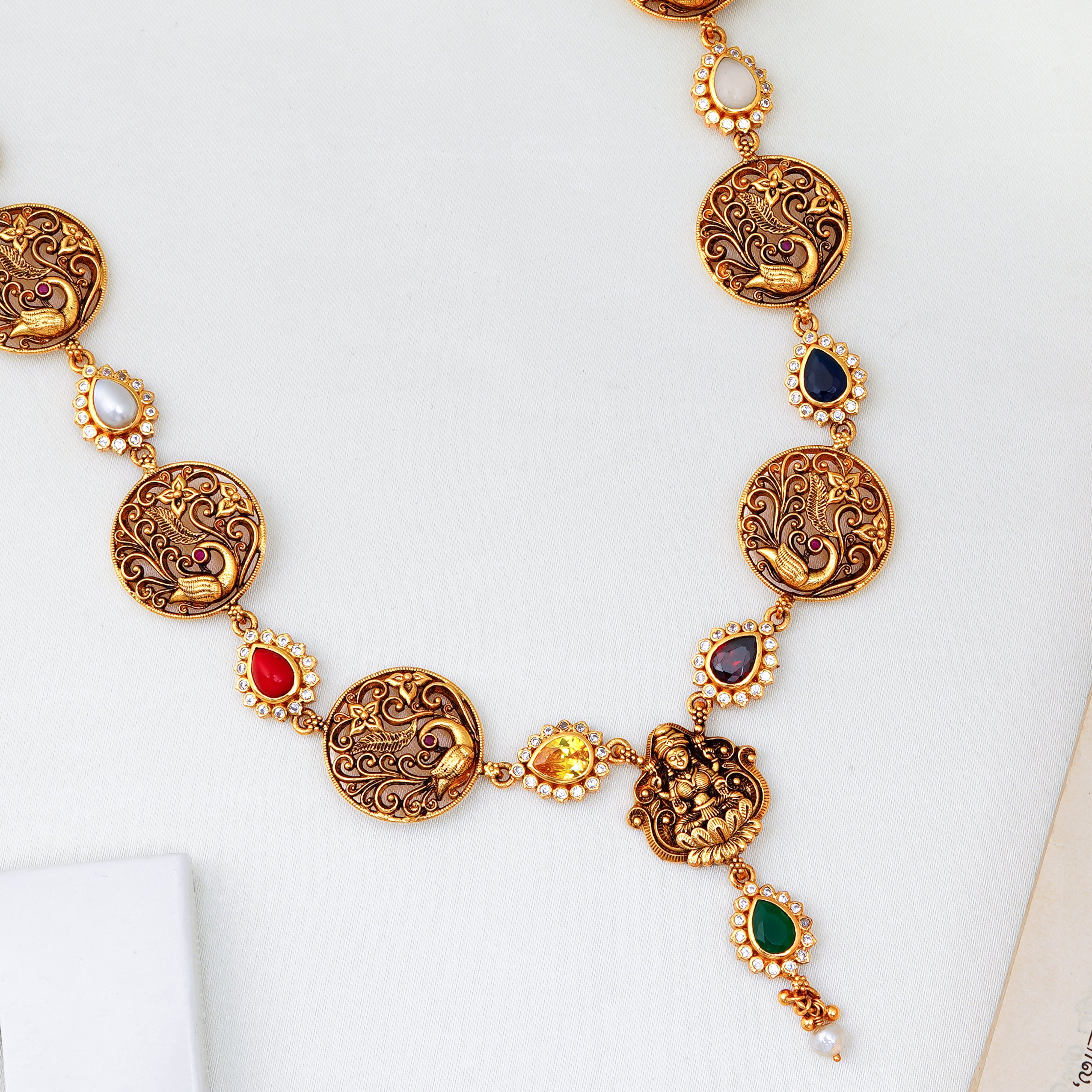 Traditional South Indian necklace with bird motifs and pearl drop