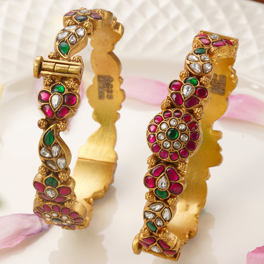 Traditional antique floral gold plated bangles with ruby emerald stones