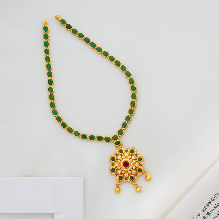 Traditional emerald short necklace with floral CZ and ruby pendant