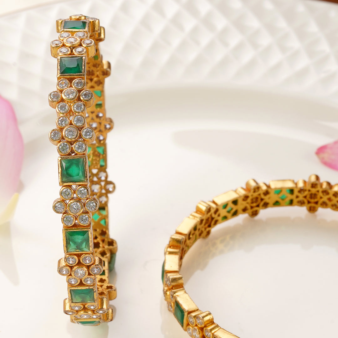 Traditional gold Plated bangles with emerald and Swarovski stones