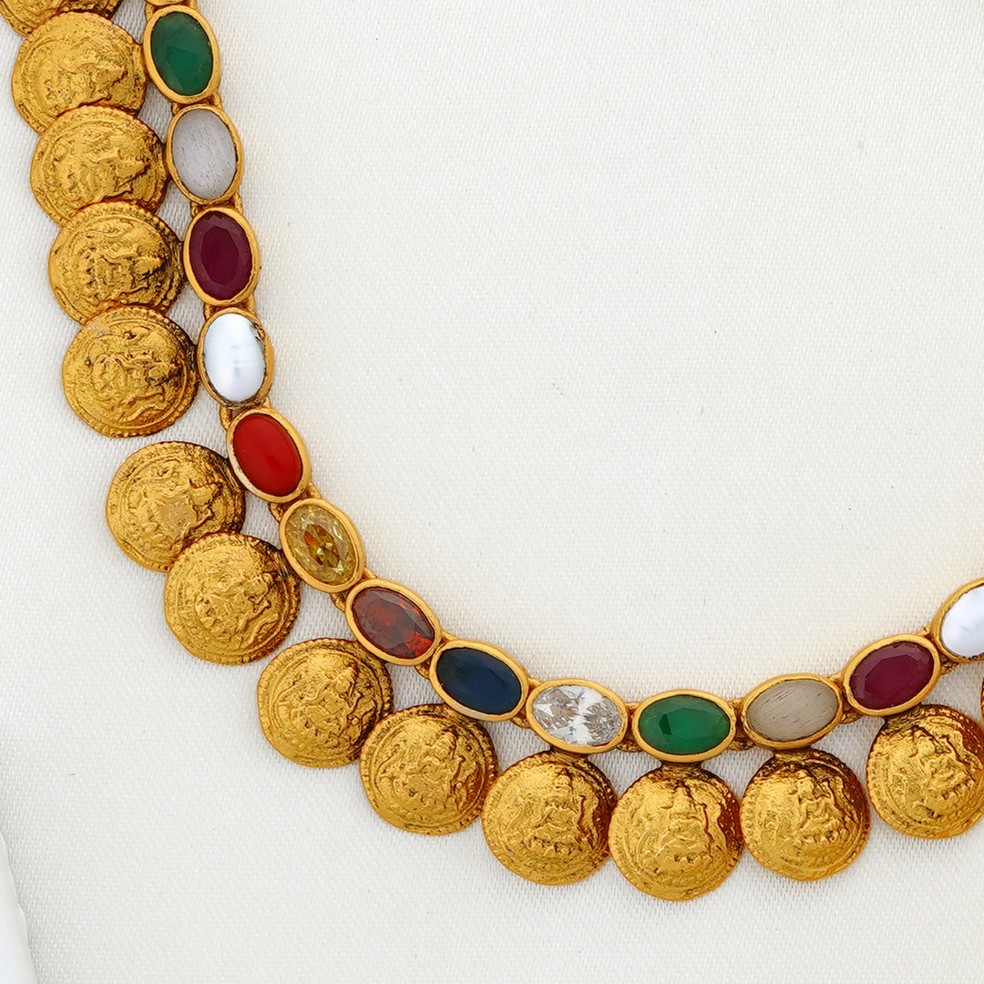Traditional gold kasu necklace with colorful navaratna design