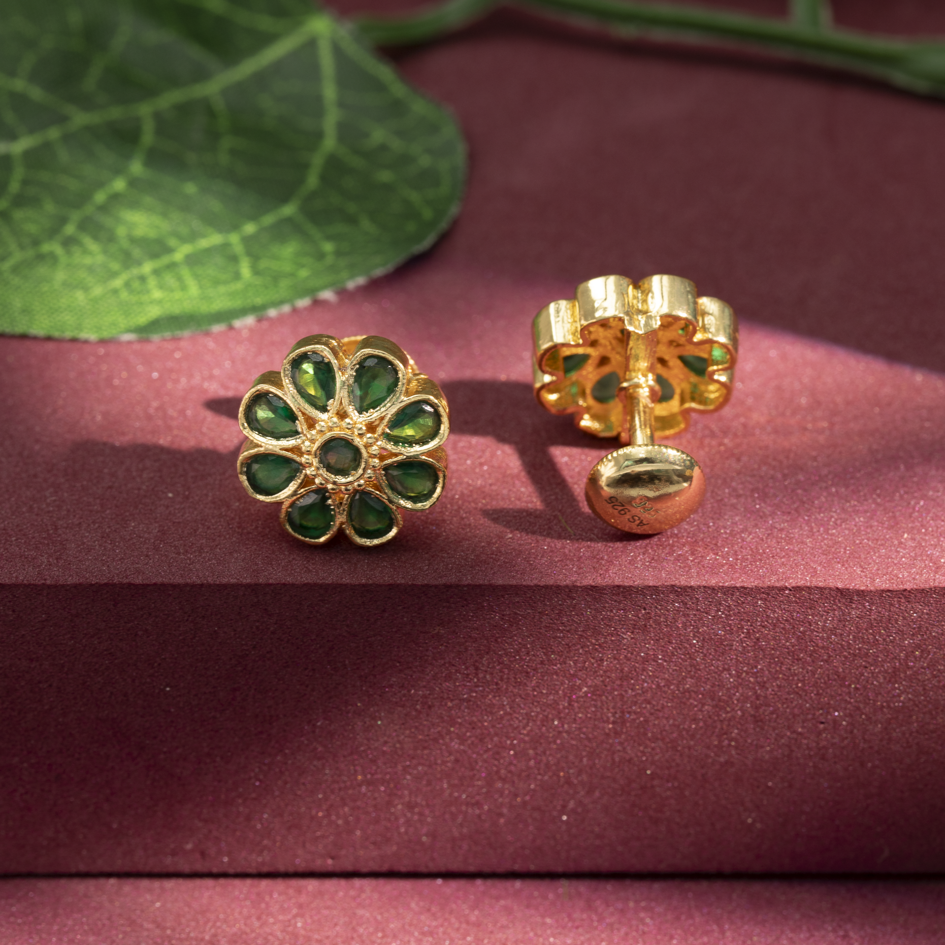 Traditional green stone flower earrings