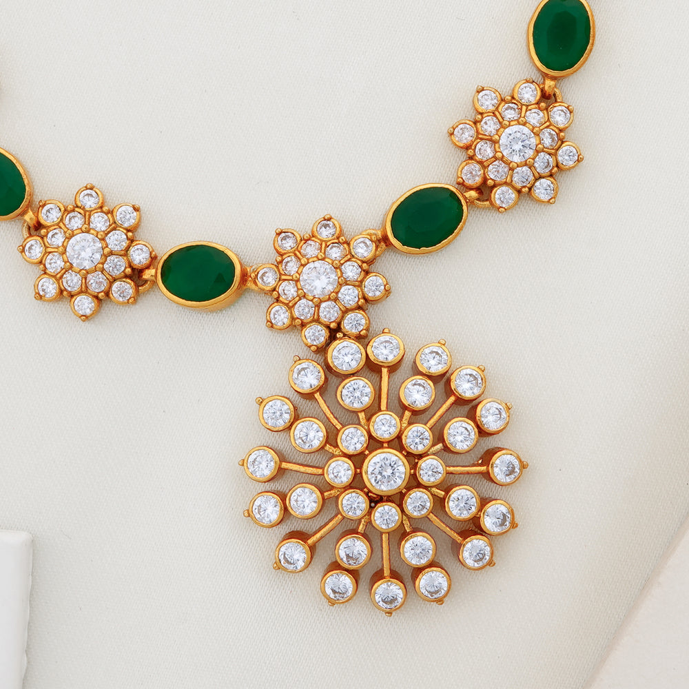 Traditional green stone necklace with floral cubic zirconia clusters