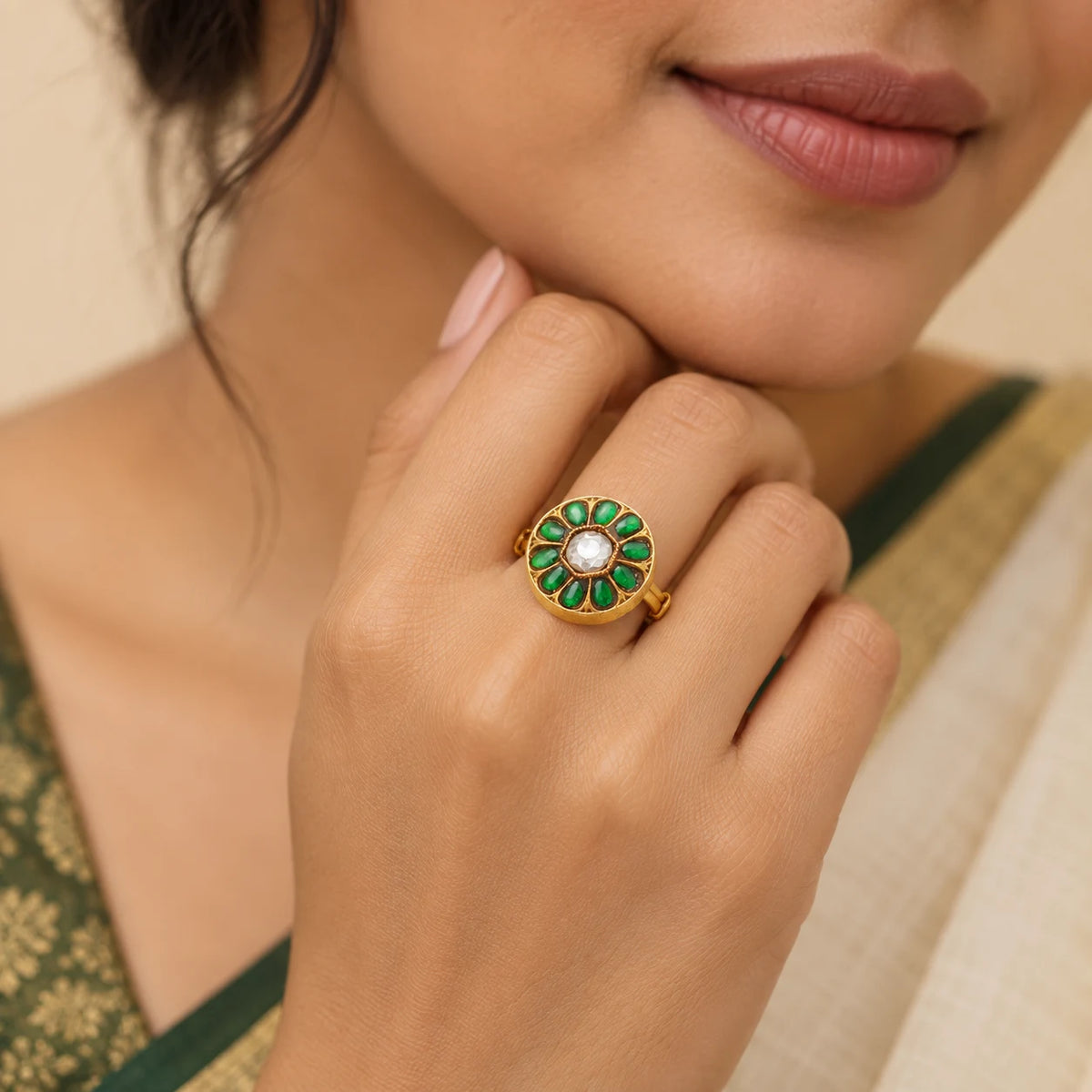 Traditional green stone ring for women