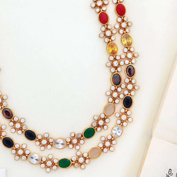 Traditional navaratna necklace with two layers and multicolour gemstones