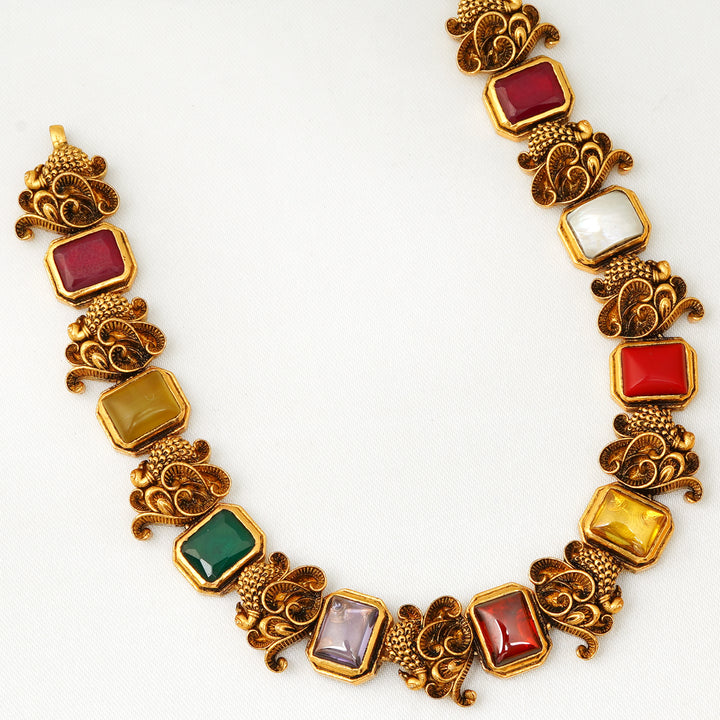 Traditional peacock motif Navaratna necklace in antique finish