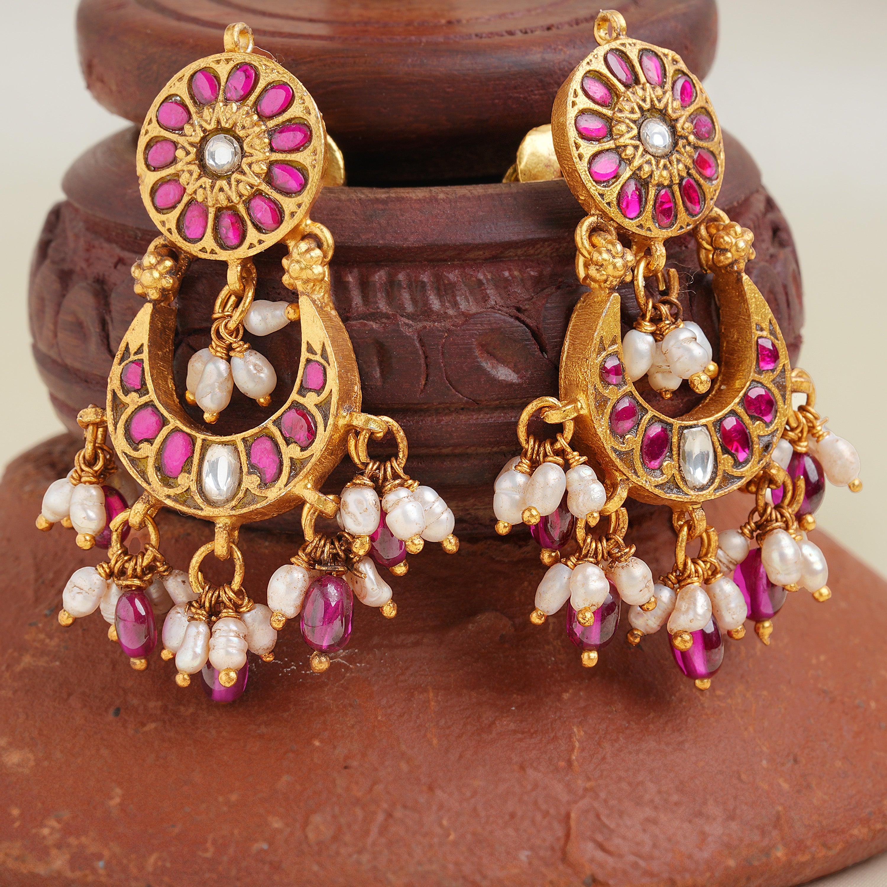 Traditional ruby chandbali earrings with pearls
