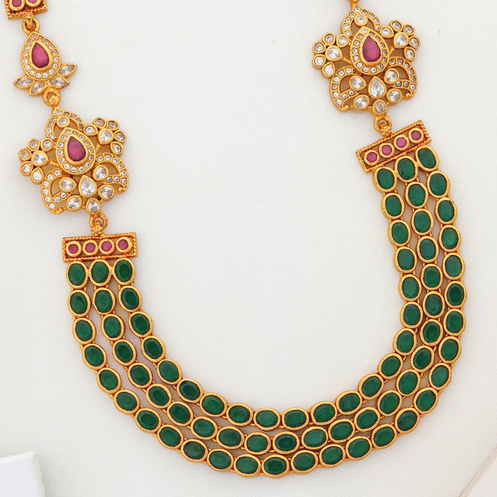 Triple-layered green stone malai with traditional South Indian design elements