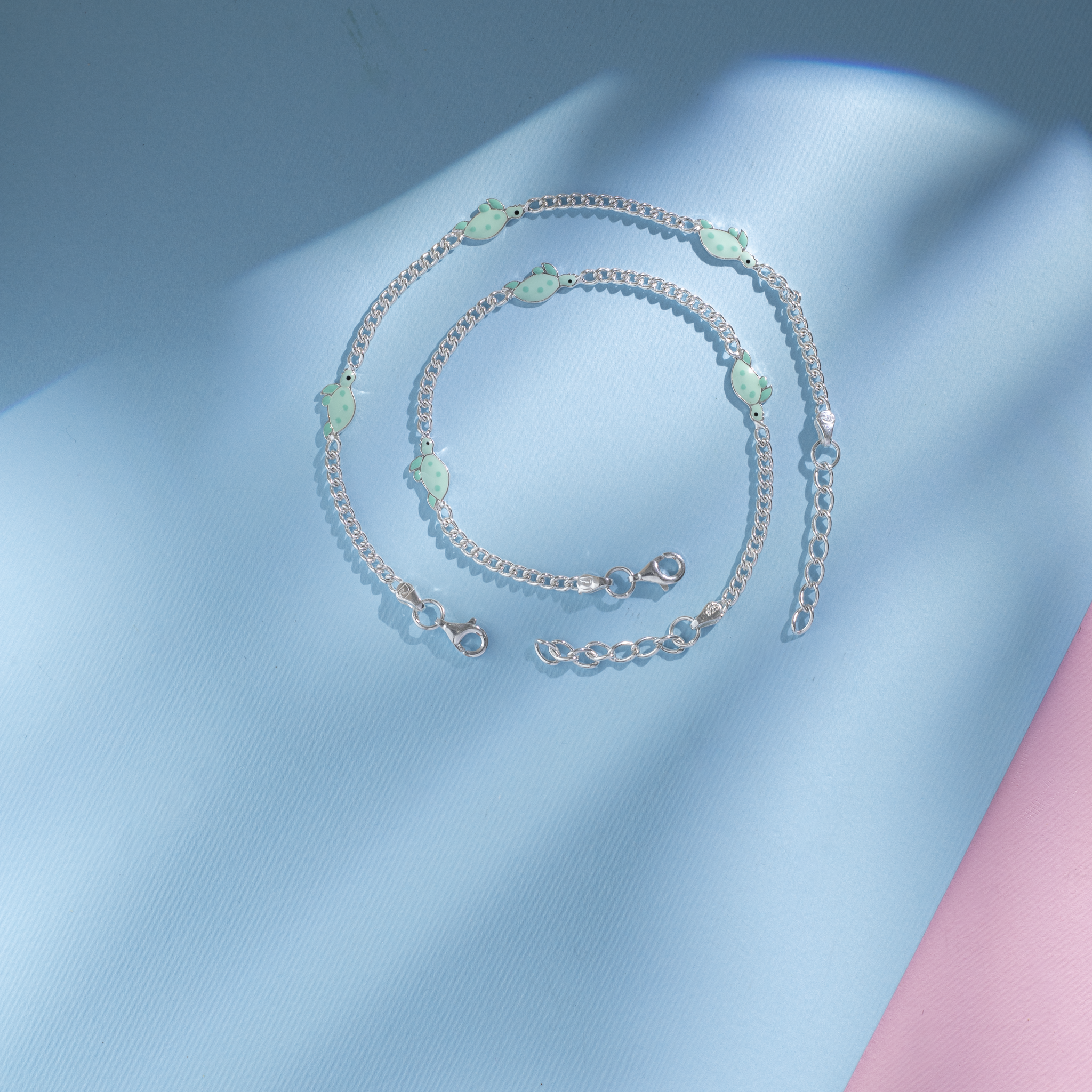 Turquoise enamel charm silver anklet