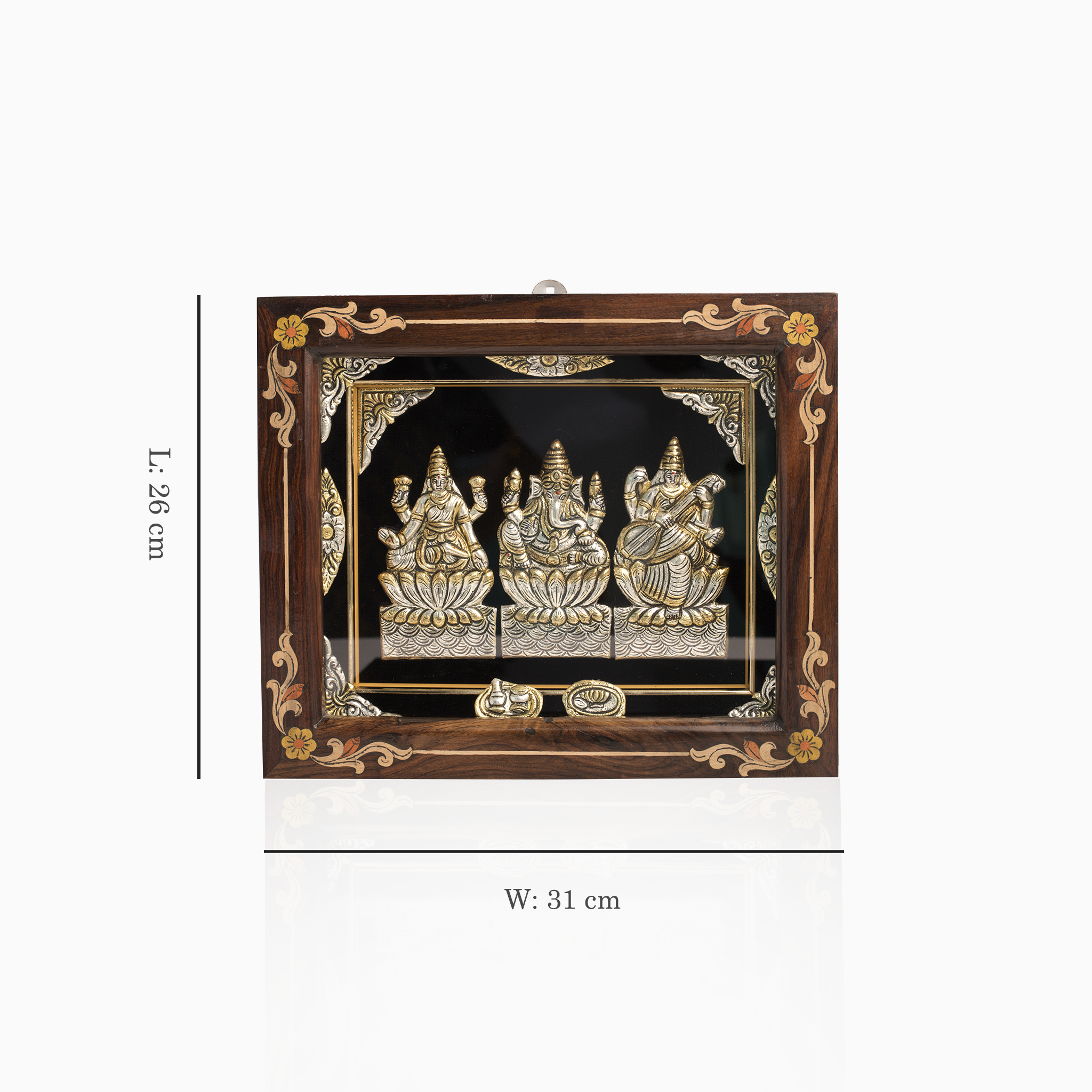Wooden frame with silver Lakshmi Ganesha Saraswati