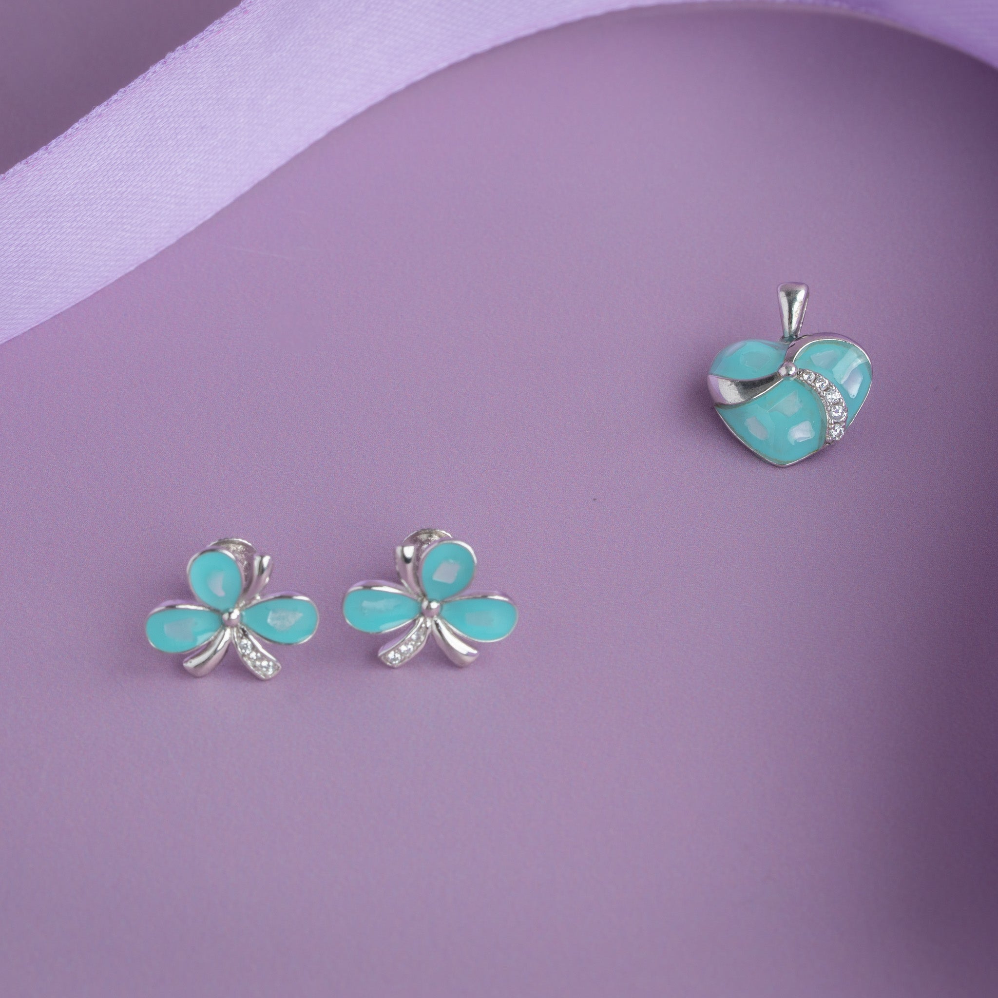 aqua heart silver pendant set