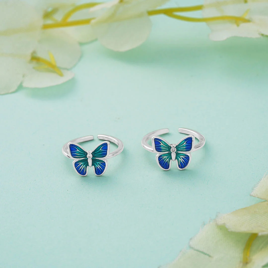blue butterfly silver toe ring