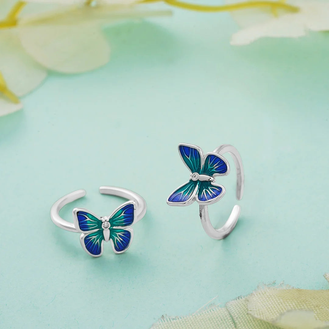 blue butterfly silver toe ring for women