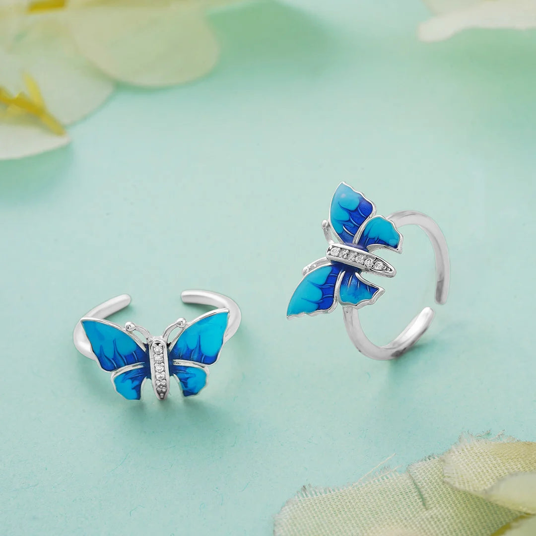 blue butterfly toe ring pair for women