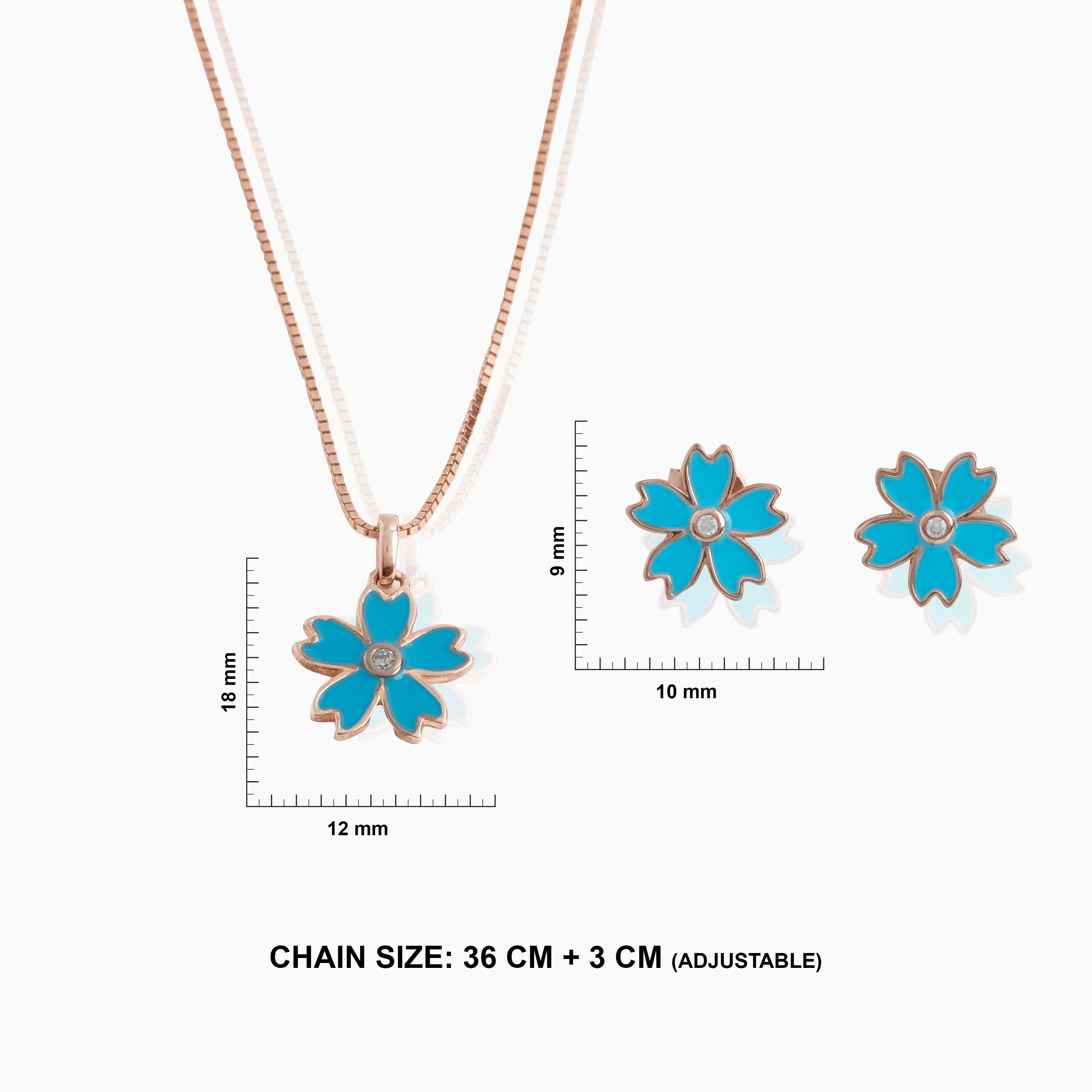 blue enamel flower pendant with matching stud