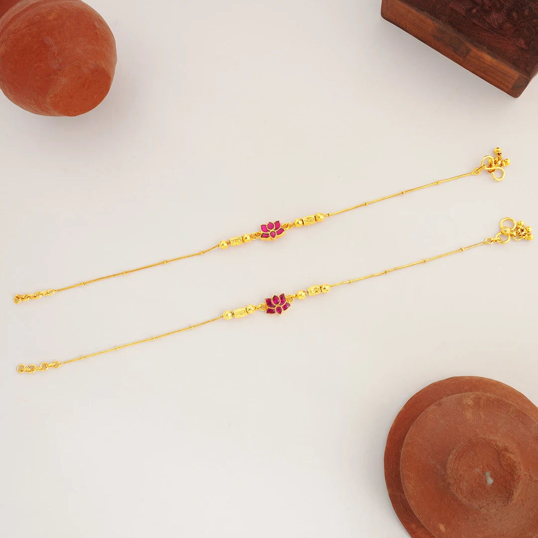 delicate pink flower gold anklet
