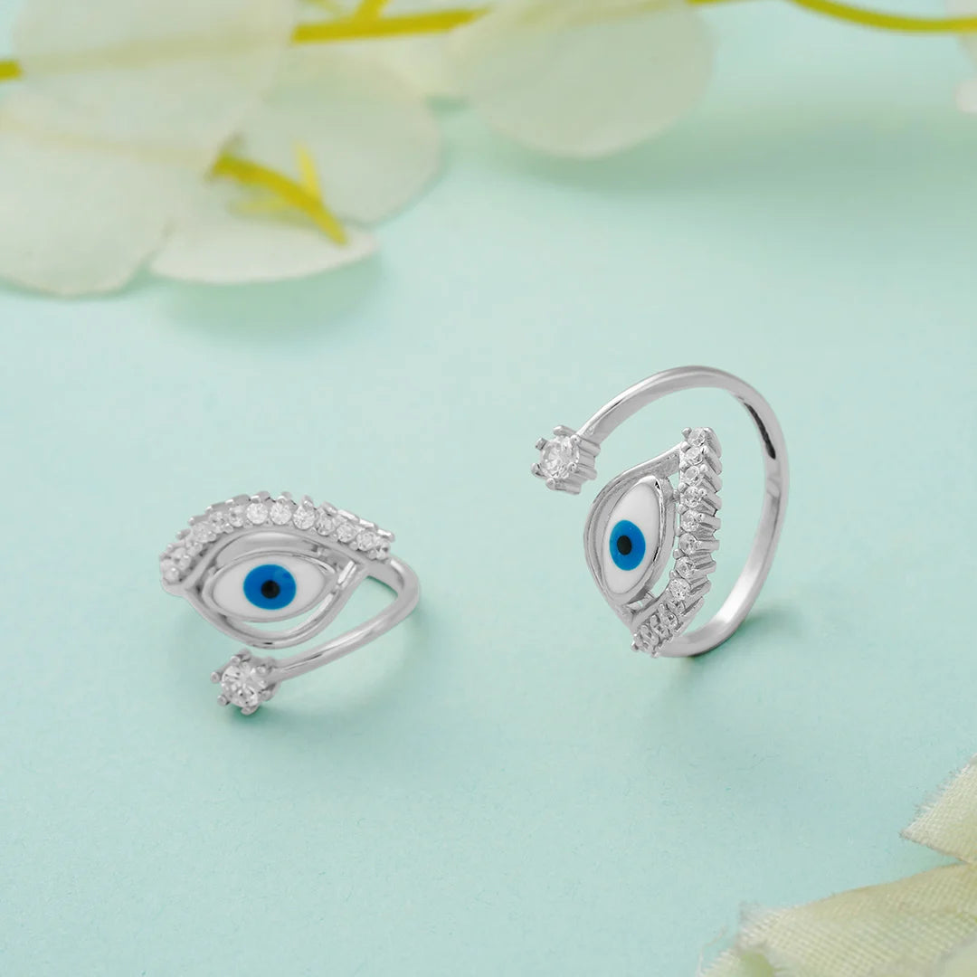 evil eye toe rings with blue eye design