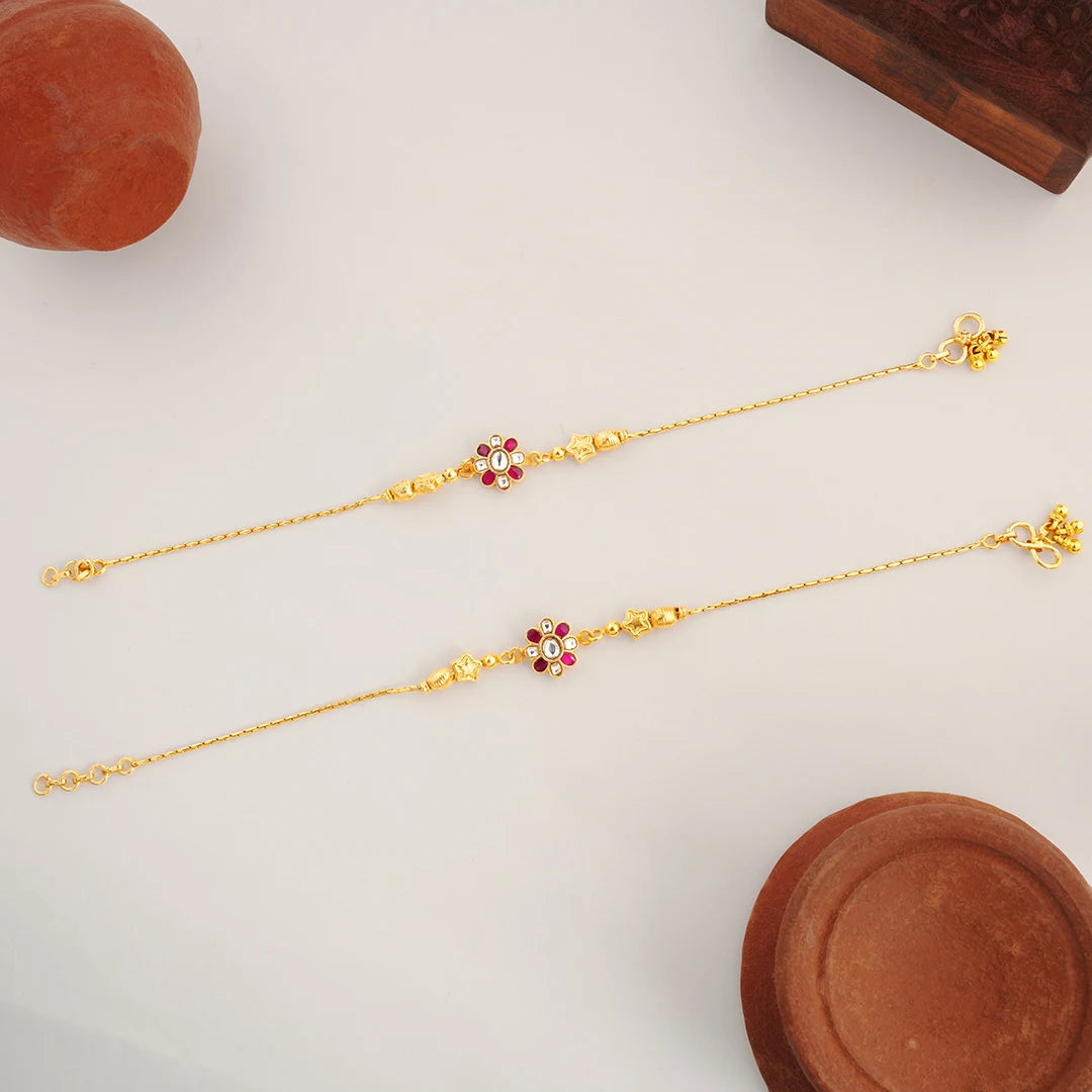 floral pink and white gold plated anklet