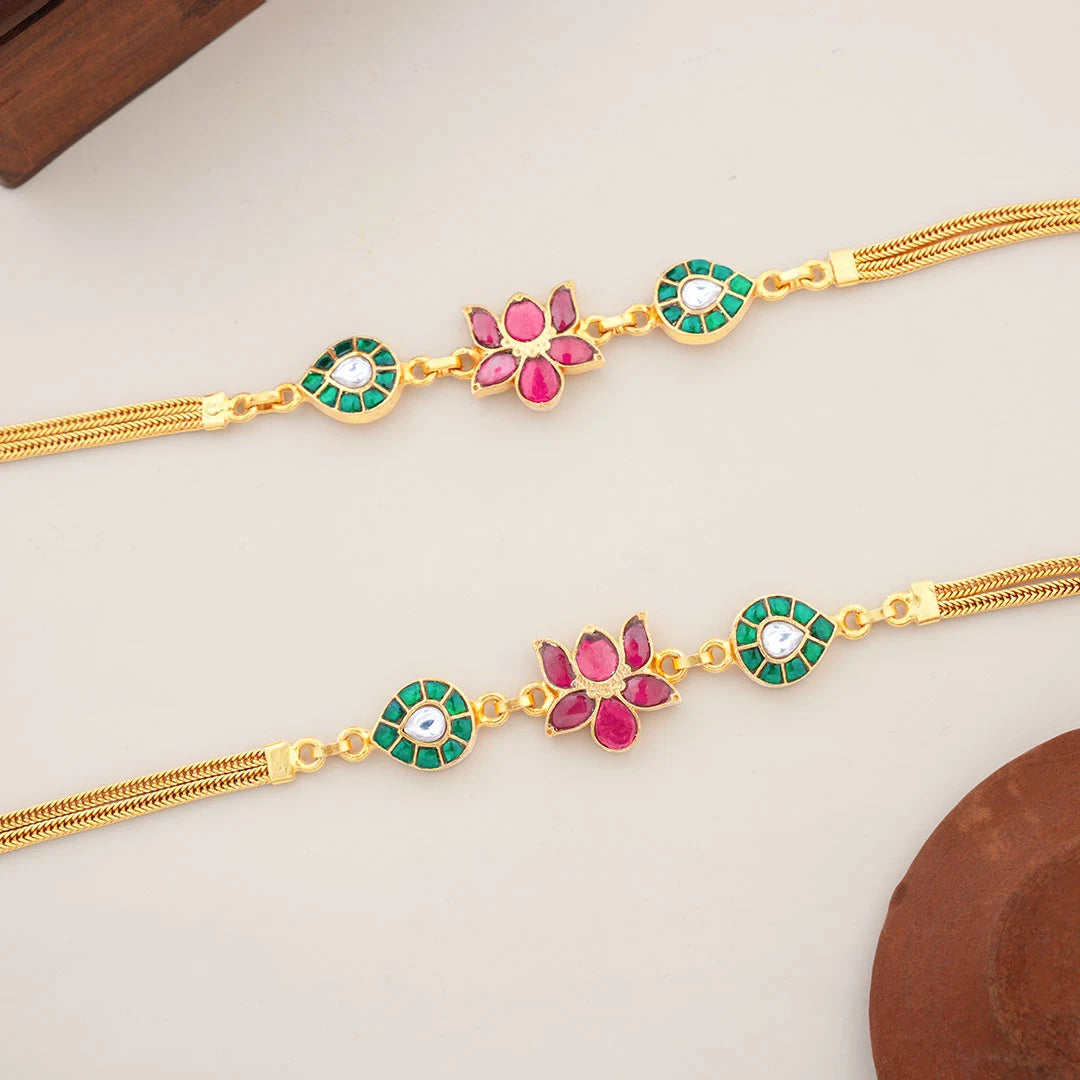 gold plated anklet with pink flowers