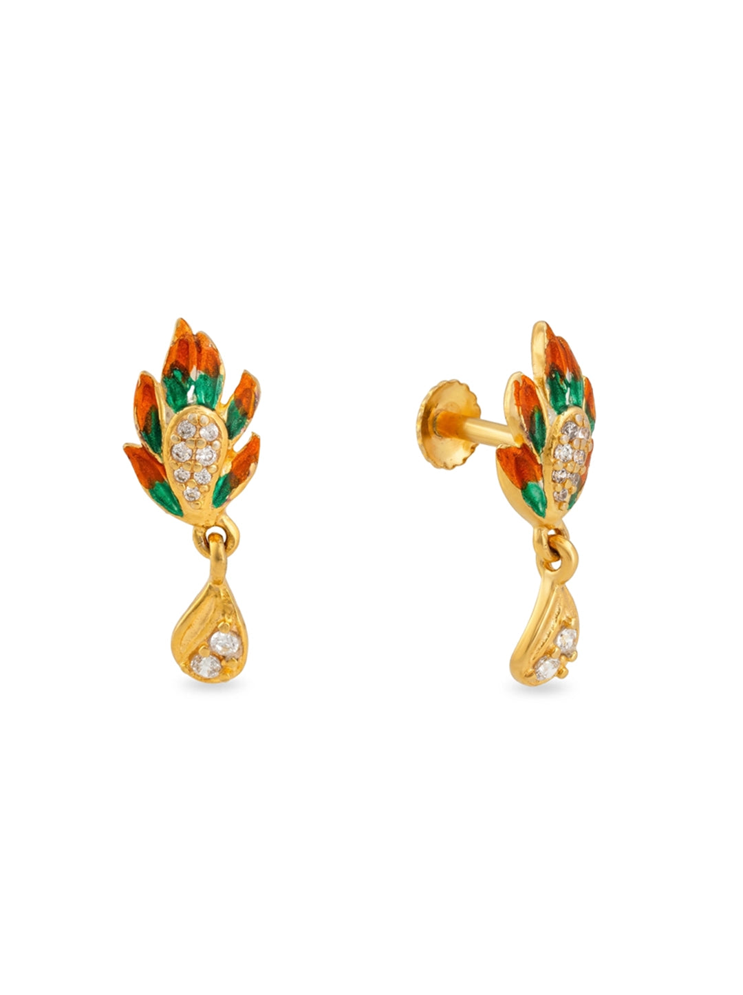 green and orange enamel gold earrings