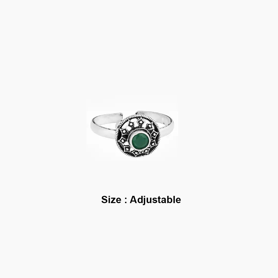 green stone Silver  toe ring with round  oxidised