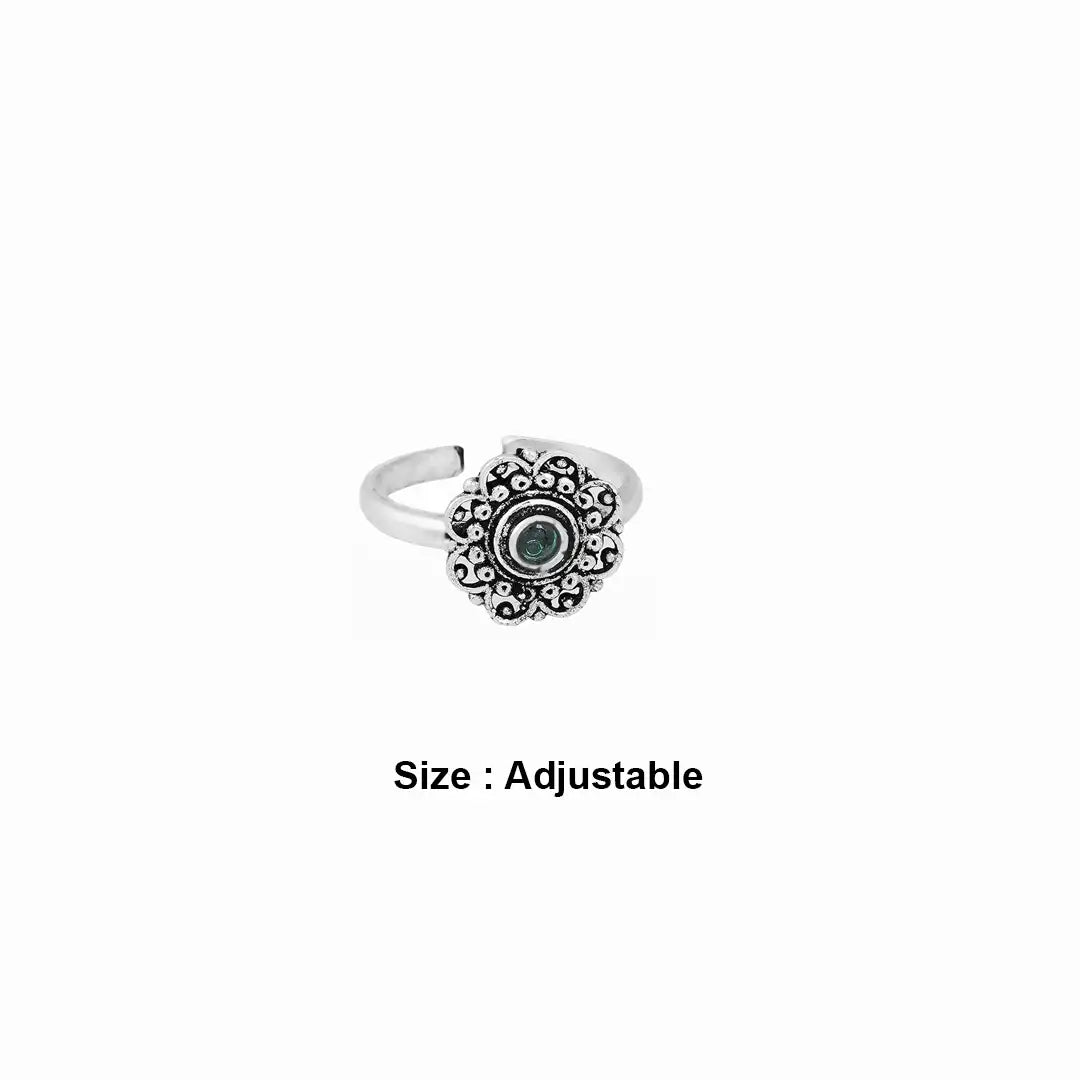 green stone floral Silver toe ring with oxidised