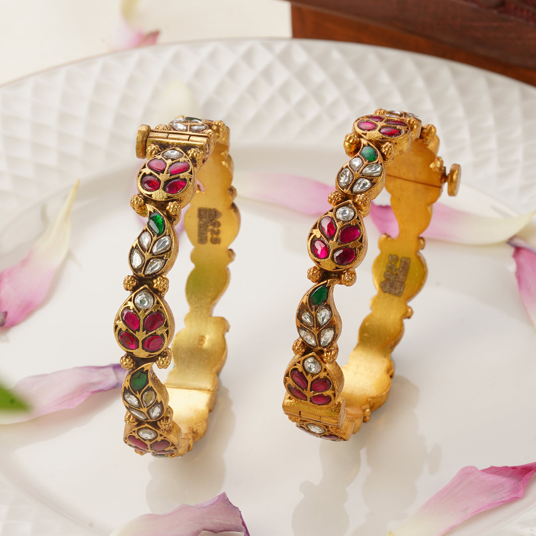 kundan stone work gold plated bangles leaf design