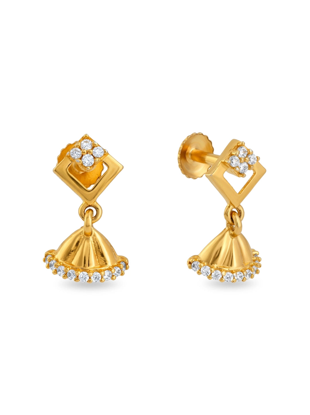 Side view of Diamond Accents Jhumka Earrings in gold-plated 925 sterling silver with sparkling stone detailing.