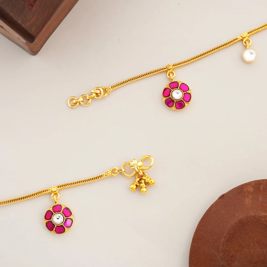 pink and white stone gold anklet