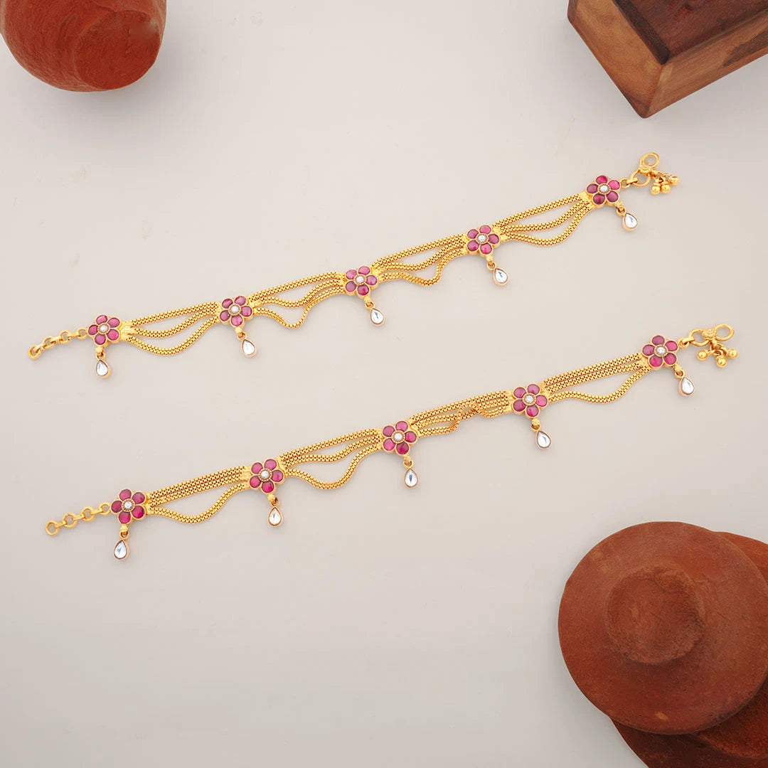 pink floral gold plated anklet