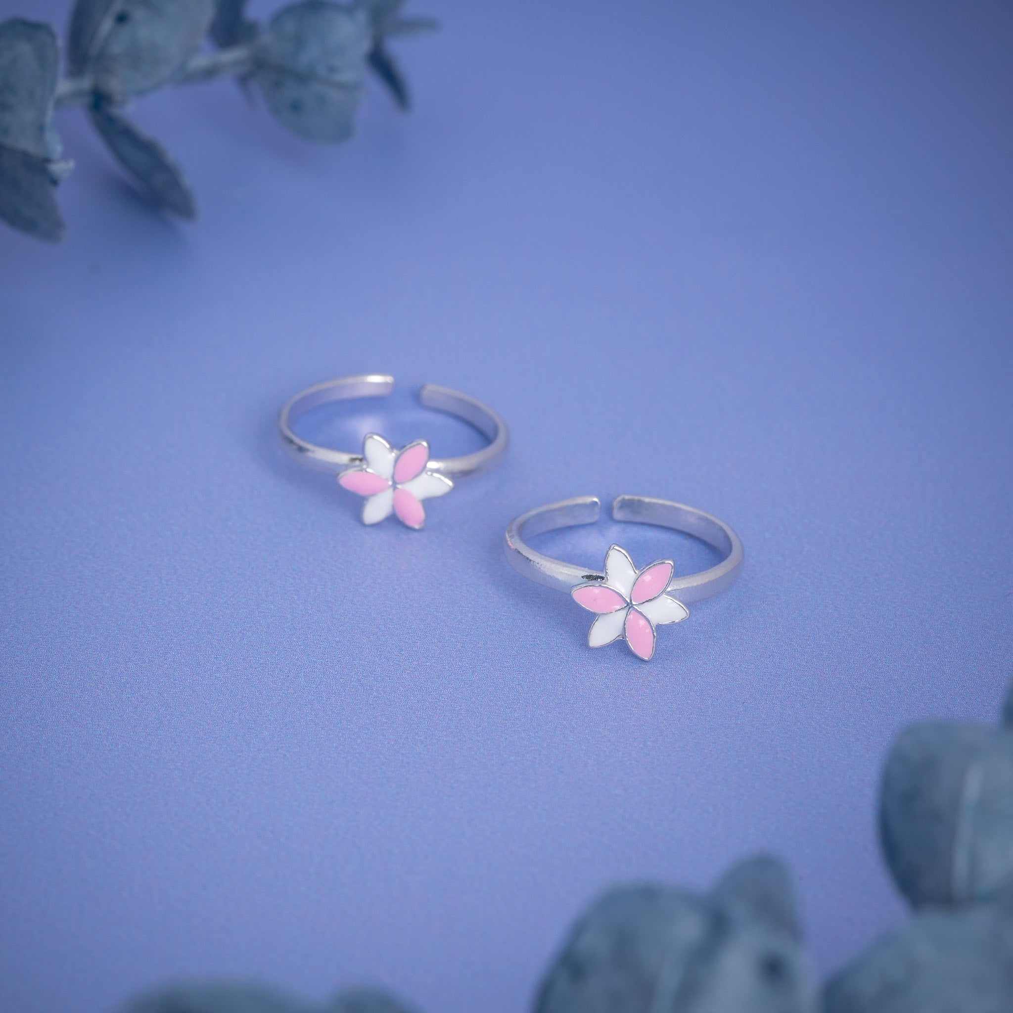 pink floral silver toe ring