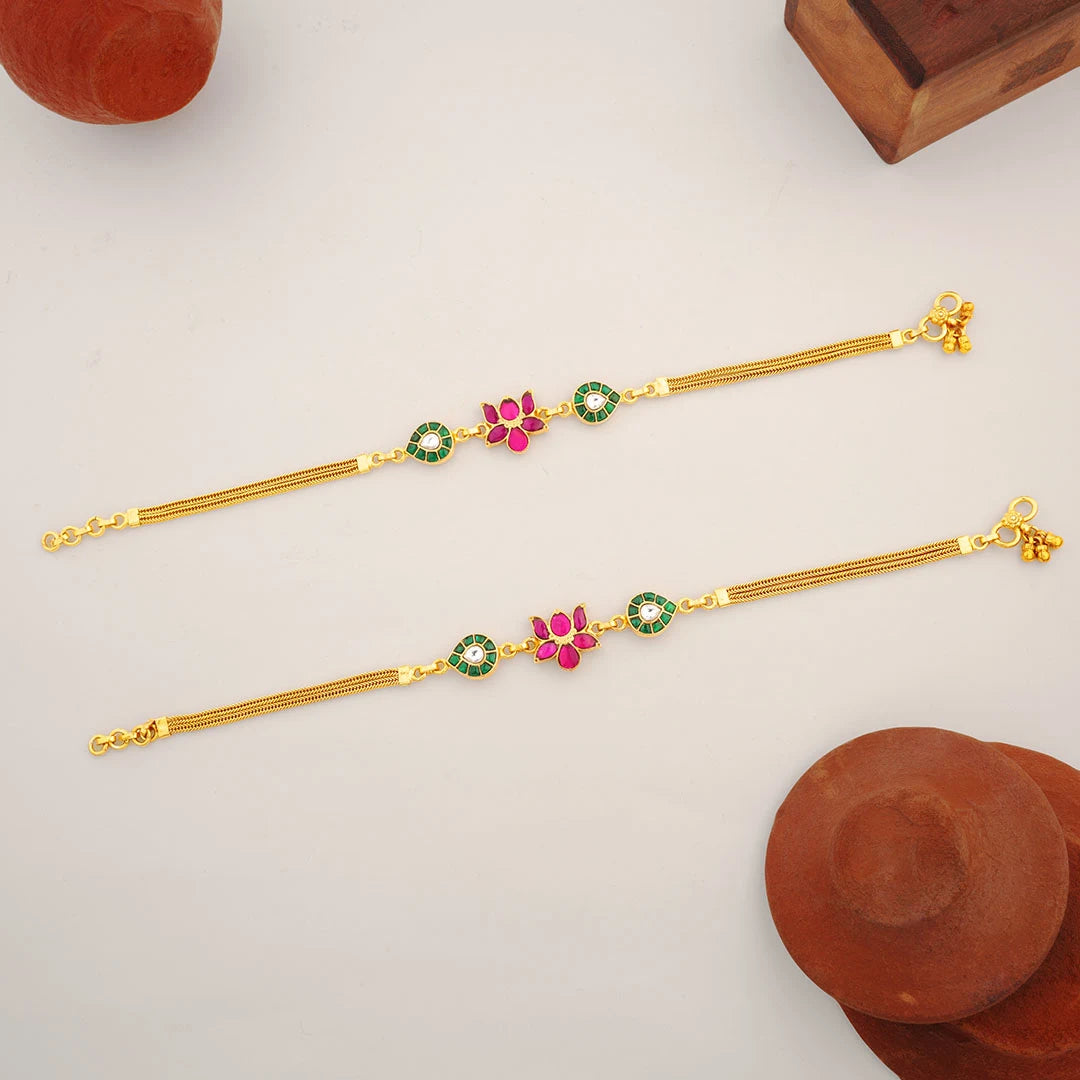 pink green floral gold plated anklet