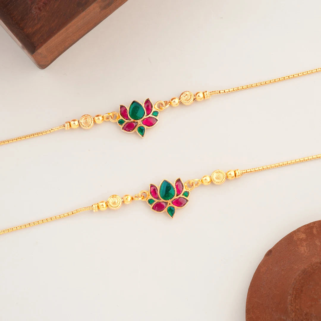 pink green lotus gold plated anklet