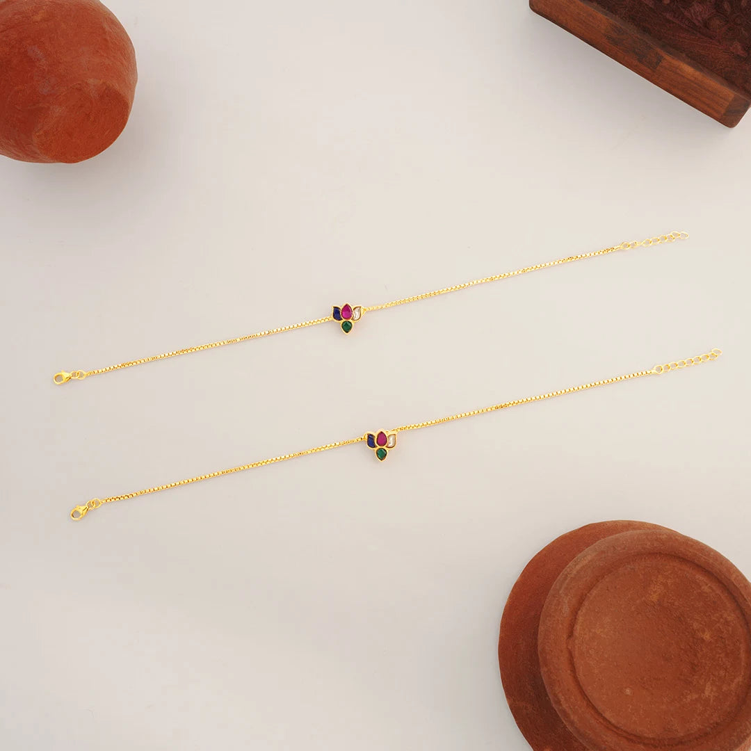 pink green stone gold plated anklet
