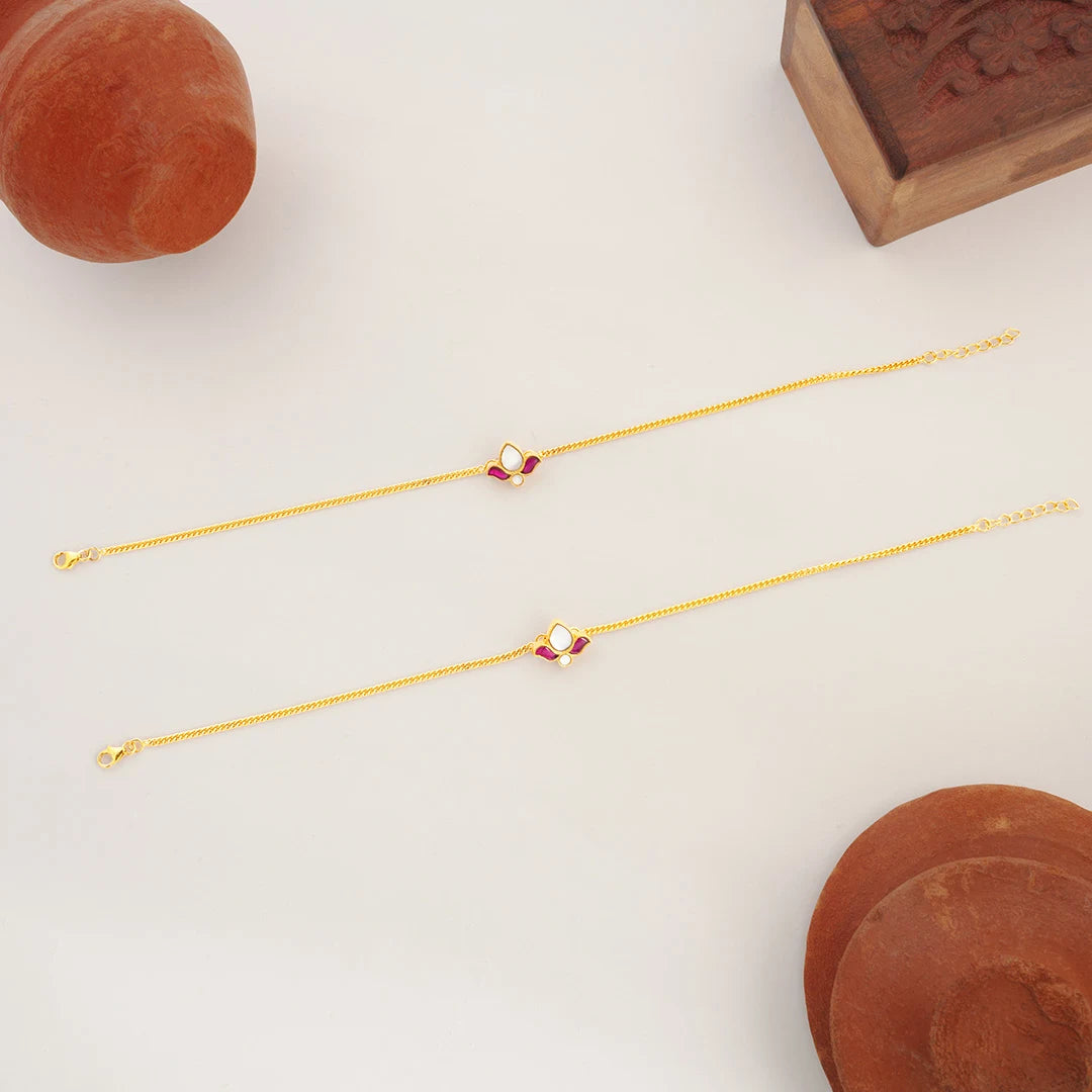 pink white floral gold plated anklet