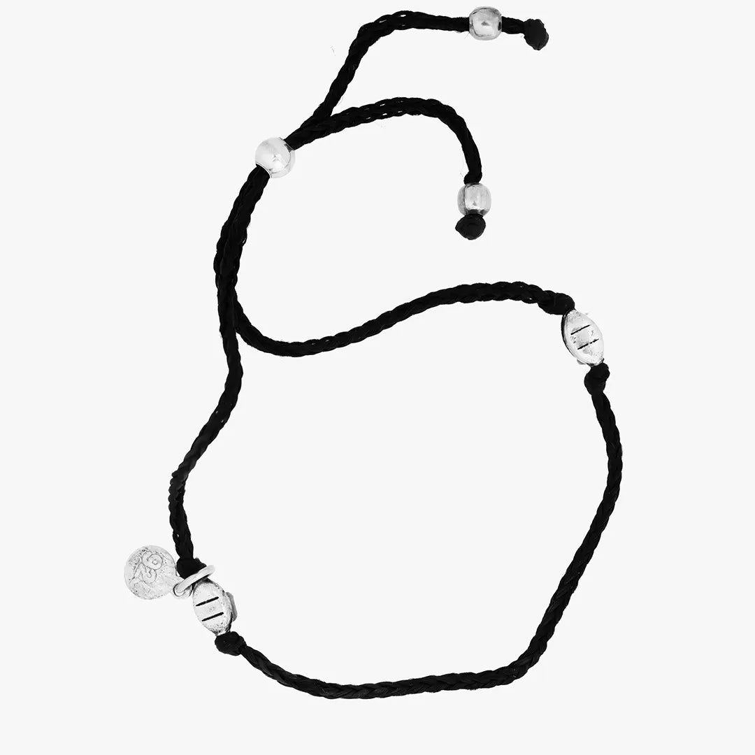silver black thread bracelet with round charm