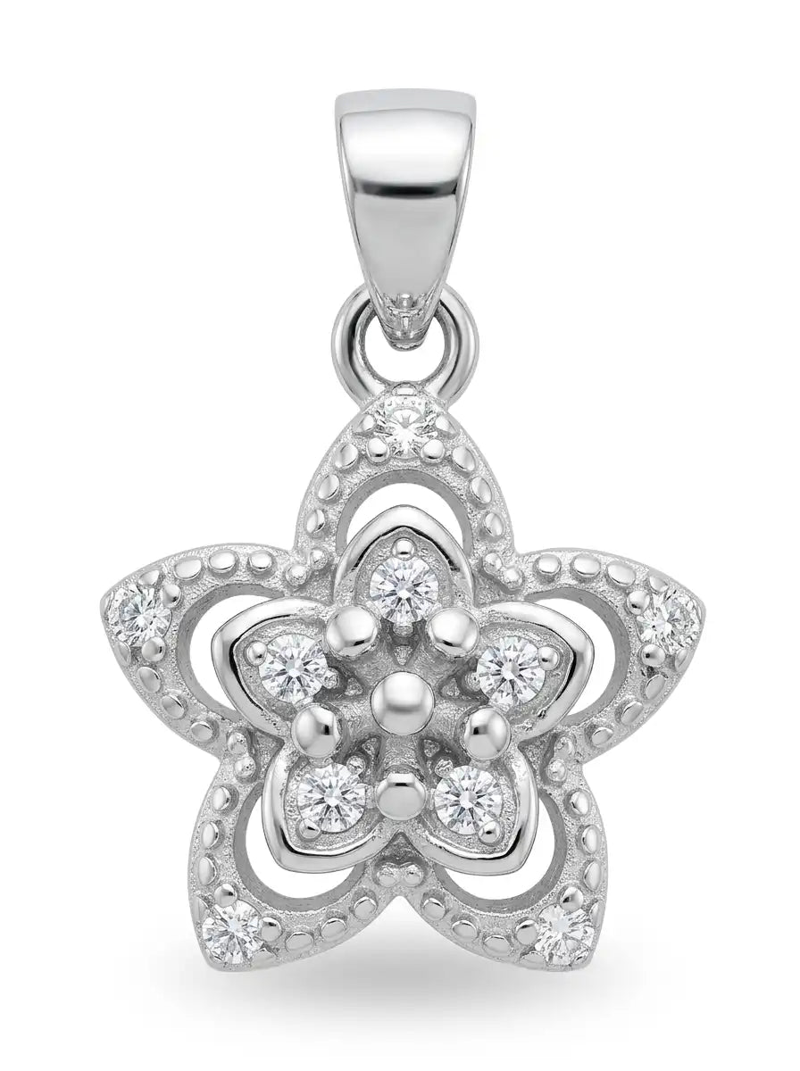 silver floral pendant with sparkling stones
