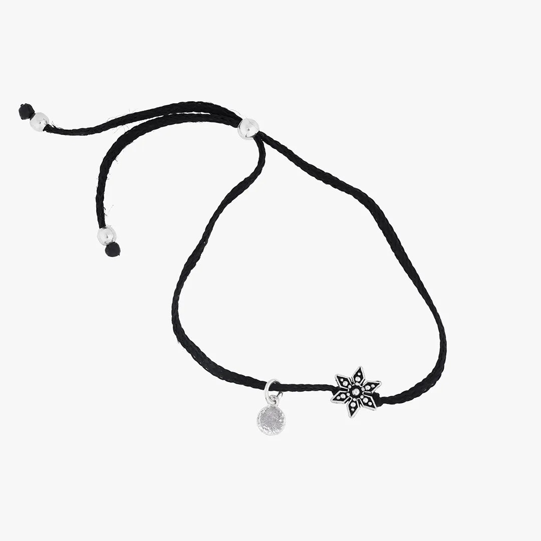 silver flower black thread bracelet