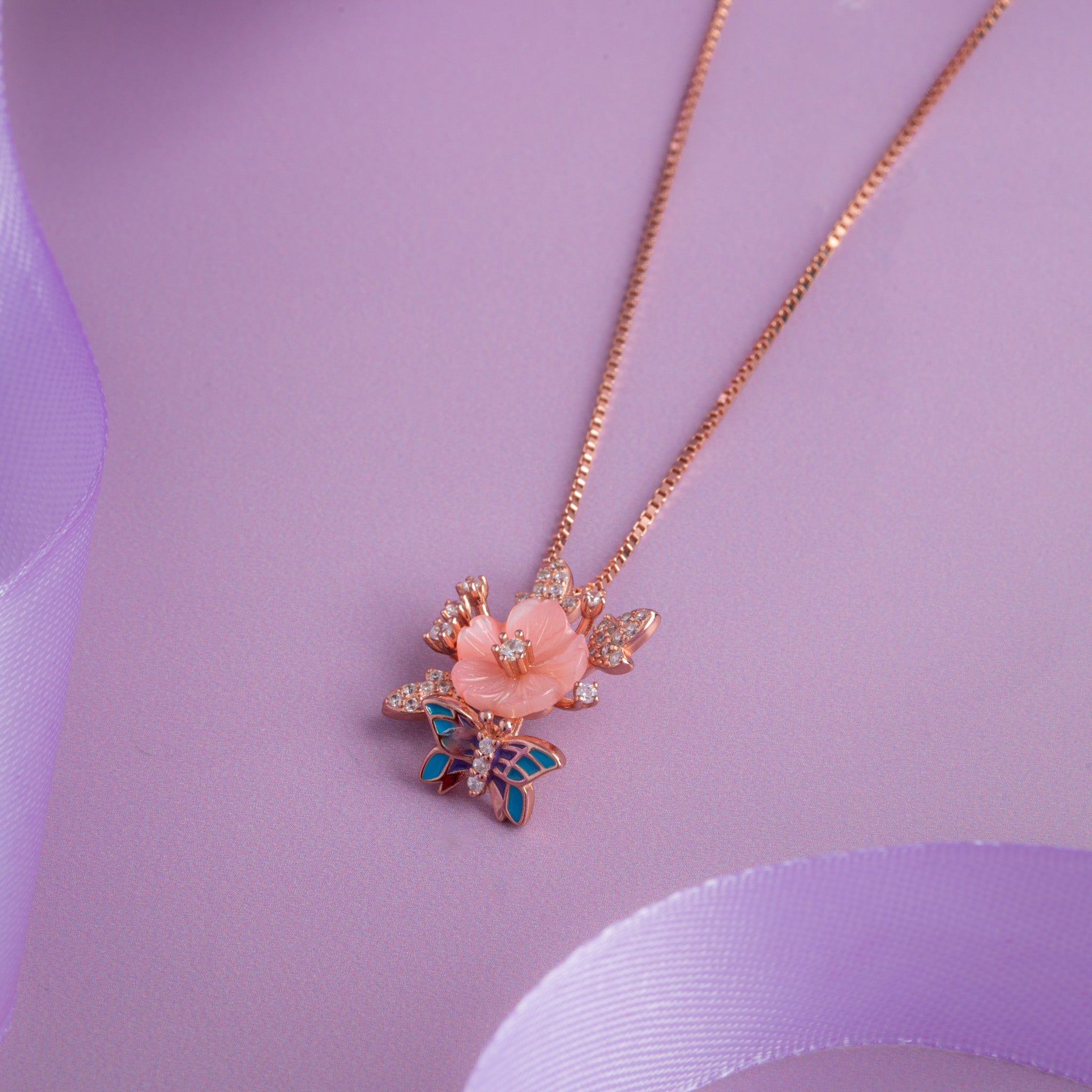 silver flower & butterfly pendant chain