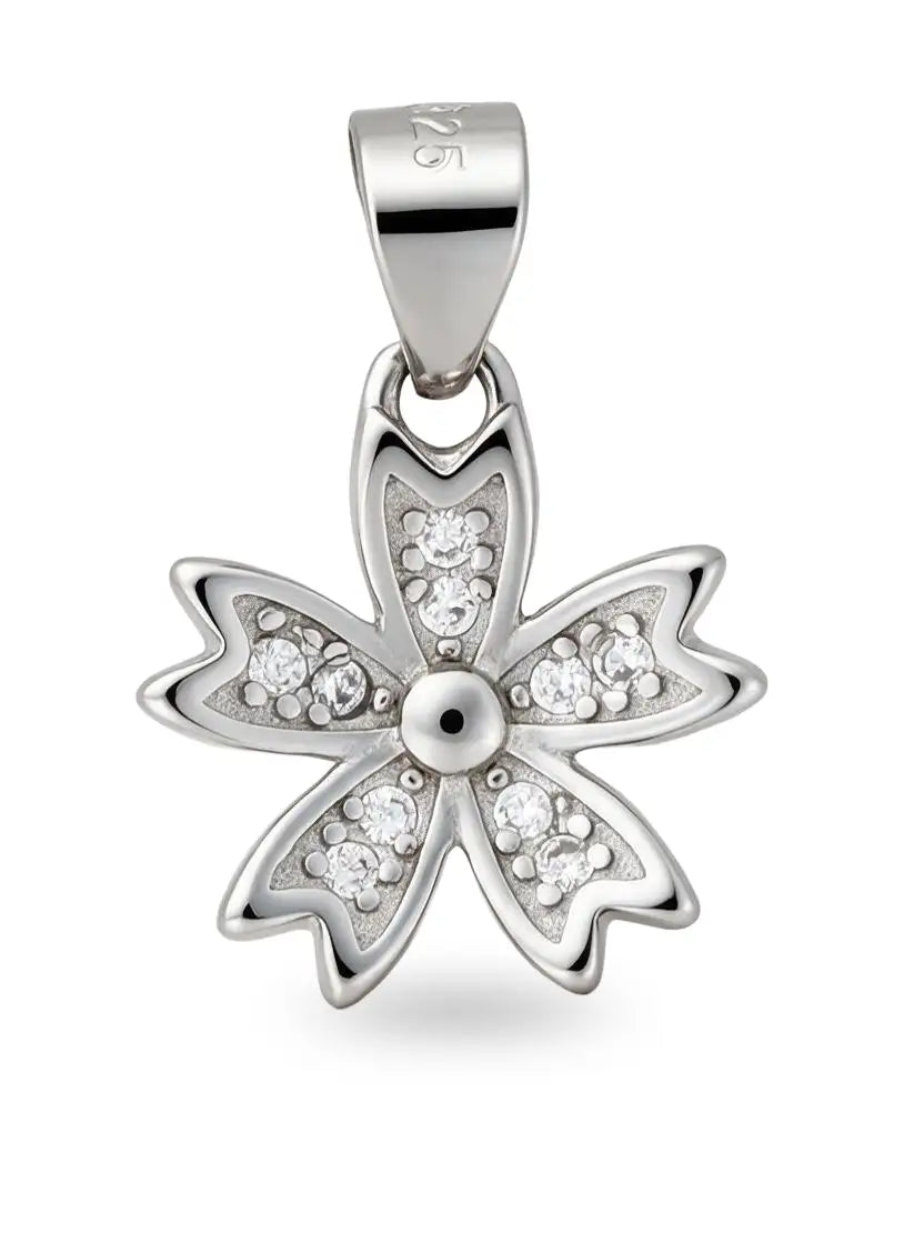 silver flower pendant with sparkling stones