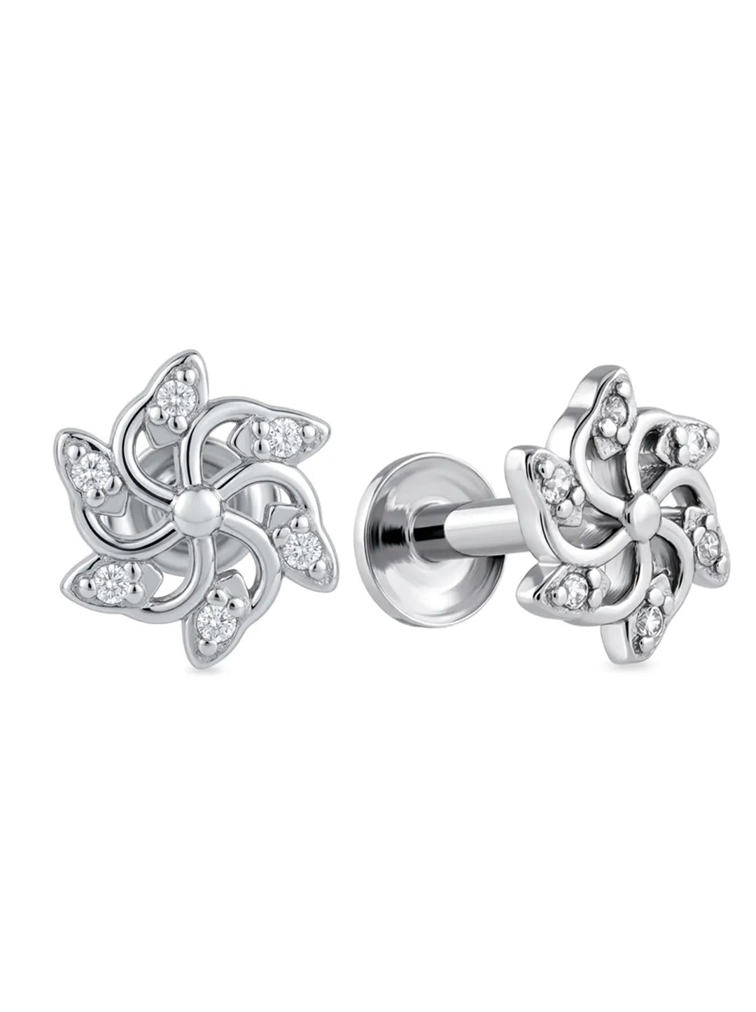 silver six petal flower earrings for women