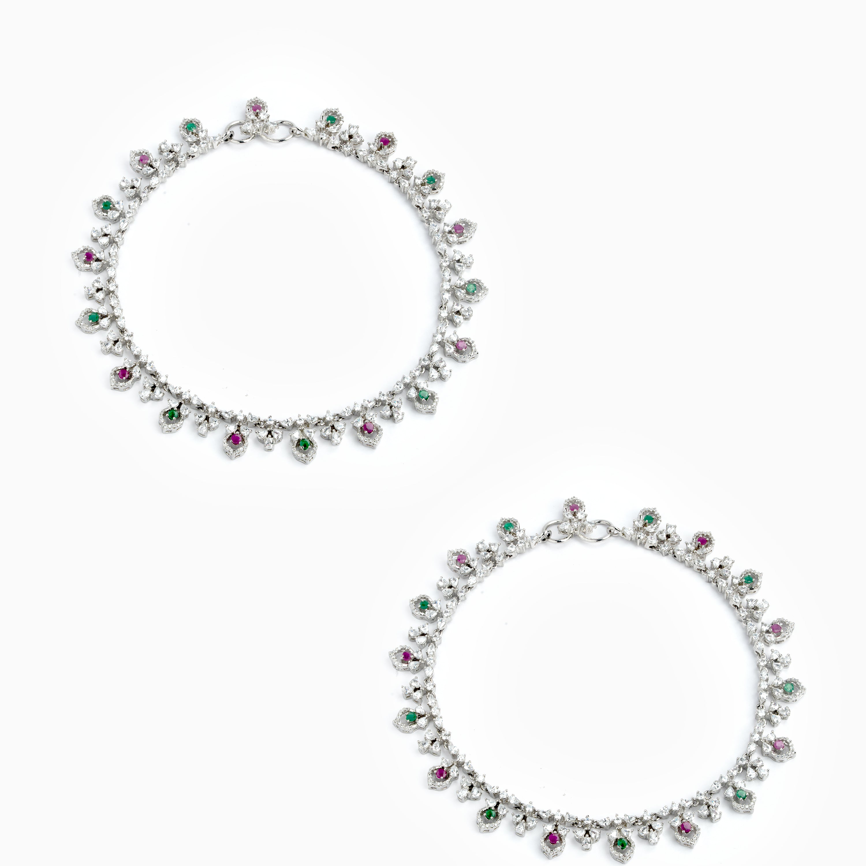 sterling Silver anklet with floral design green and pink stones