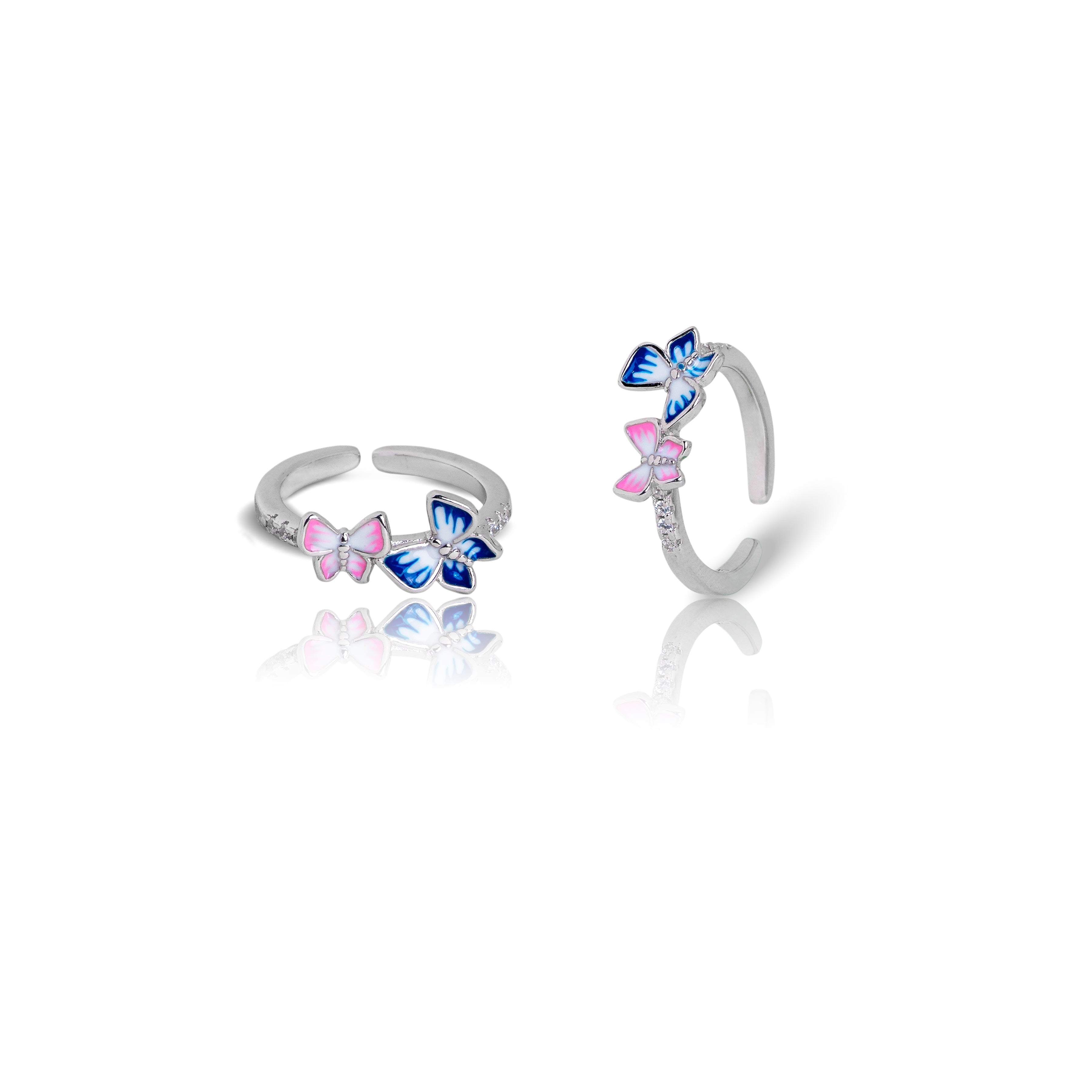 women dual butterfly silver toe ring